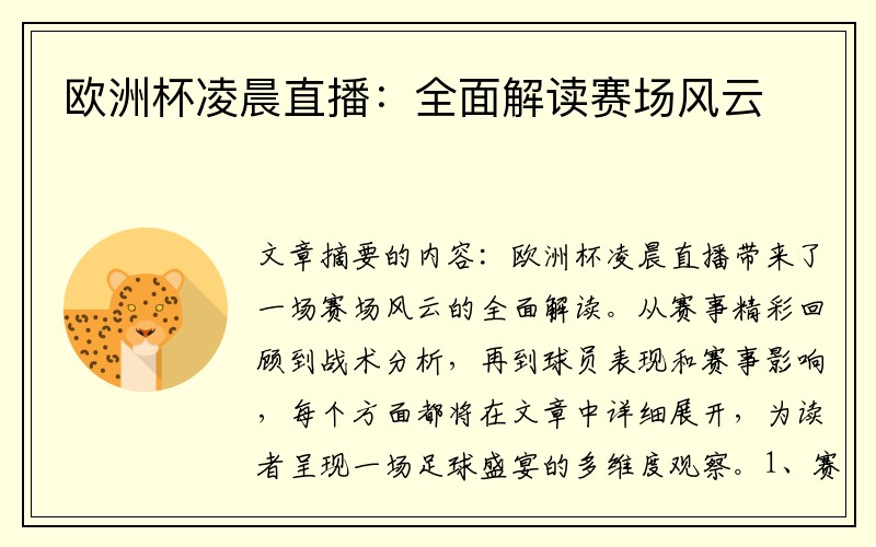 欧洲杯凌晨直播：全面解读赛场风云